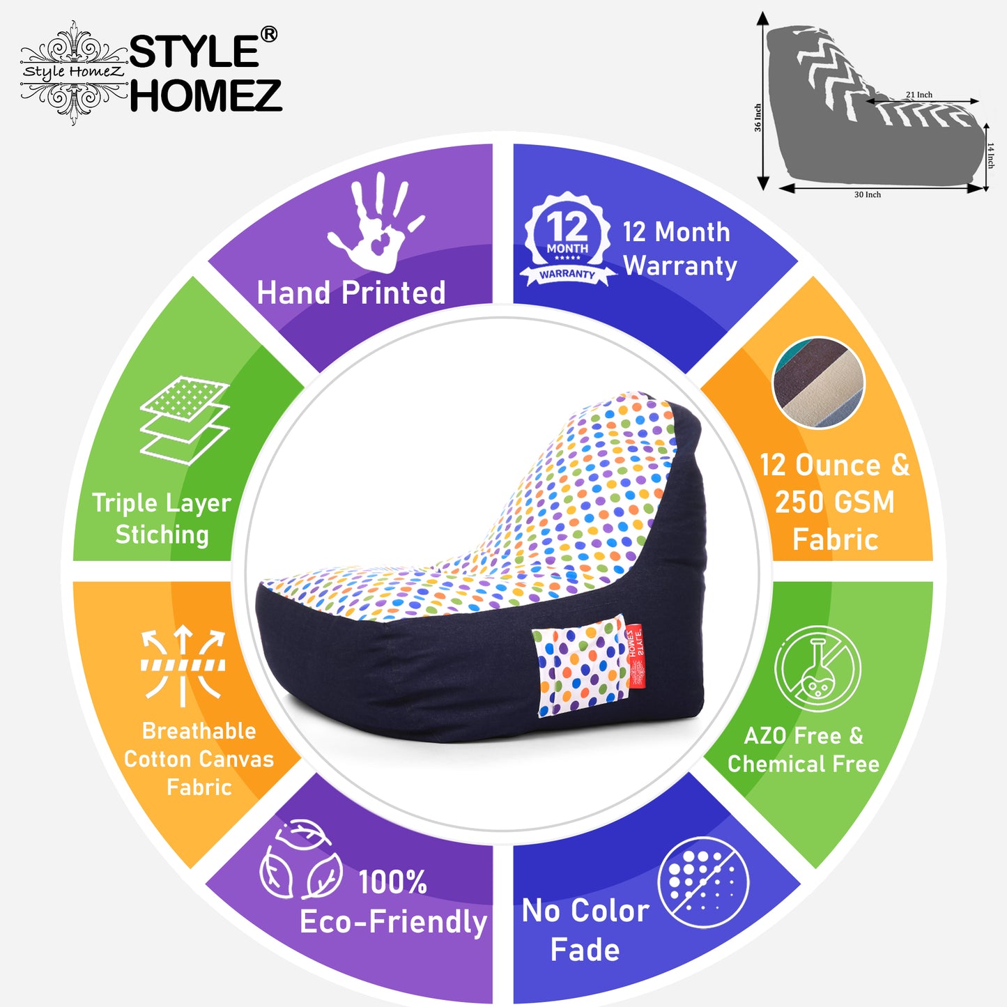 Style Homez Urban Design Denim Canvas Polka Dots Printed Chair Bean Bag XXL Size Filled with Beans Fillers