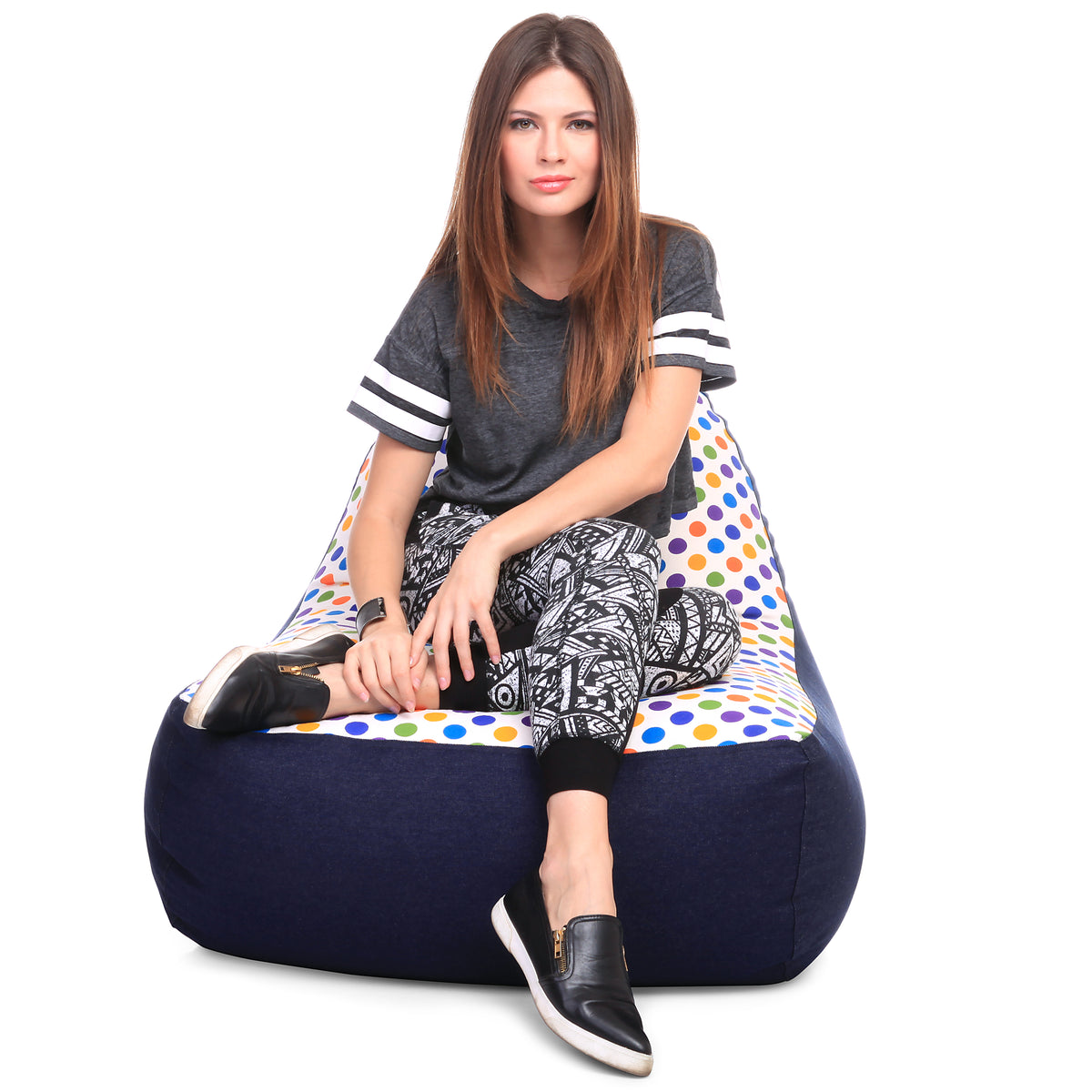 Style Homez Urban Design Denim Canvas Polka Dots Printed Chair Bean Bag XXL Size Cover Only