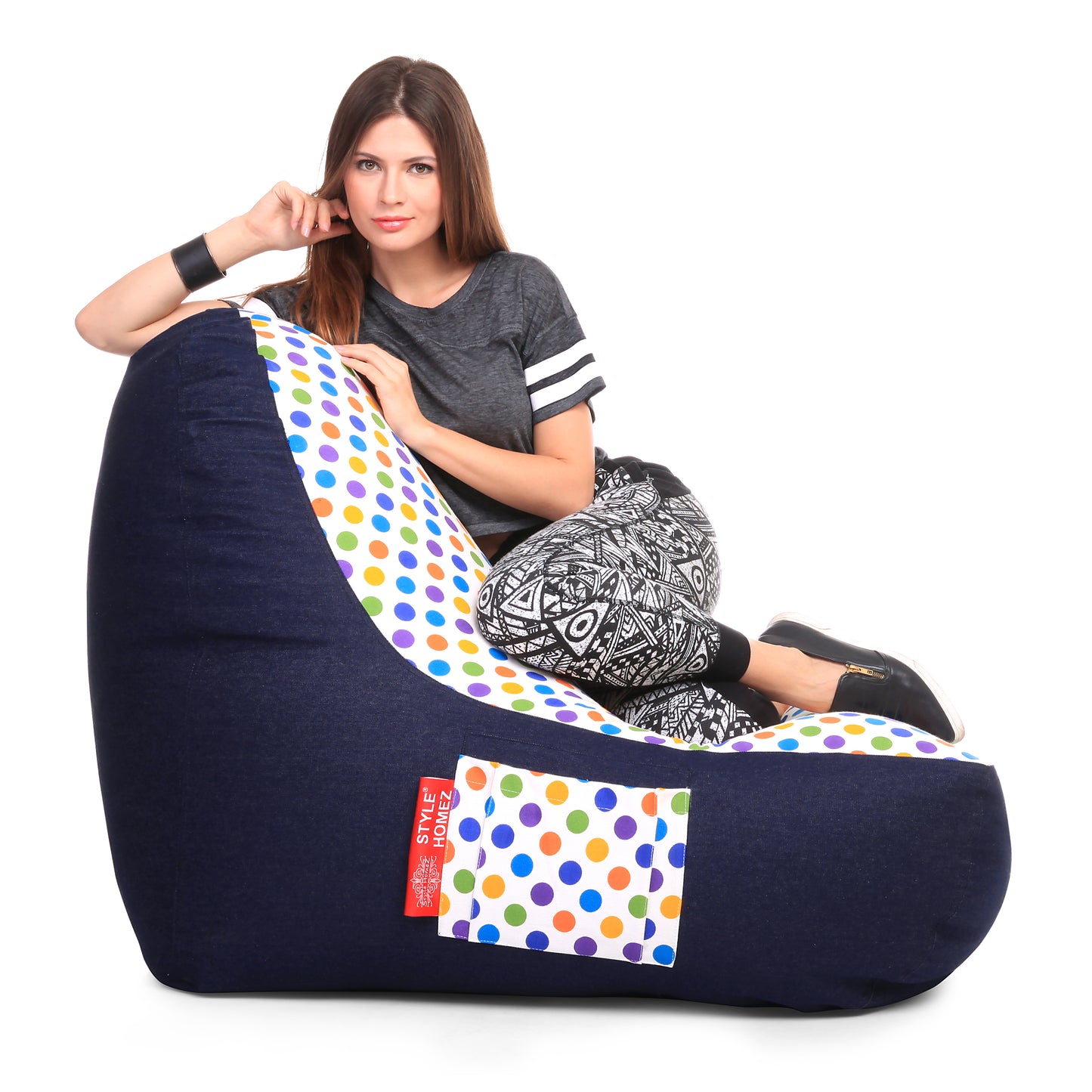 Style Homez Urban Design Denim Canvas Polka Dots Printed Chair Bean Bag XXL Size Filled with Beans Fillers