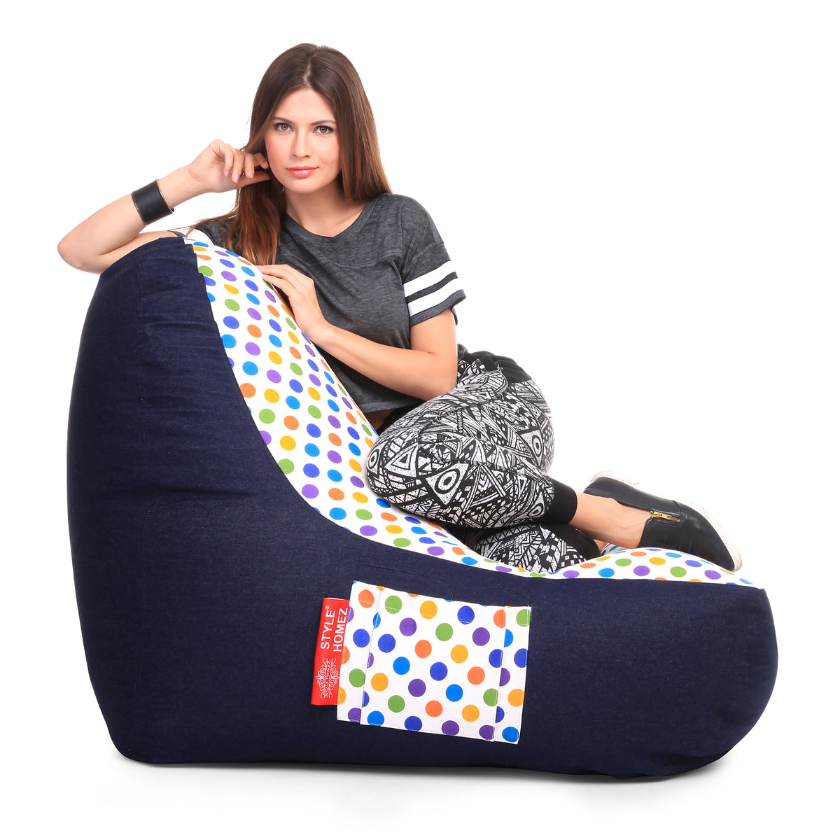 Style Homez Urban Design Denim Canvas Polka Dots Printed Chair Bean Bag XXL Size Cover Only