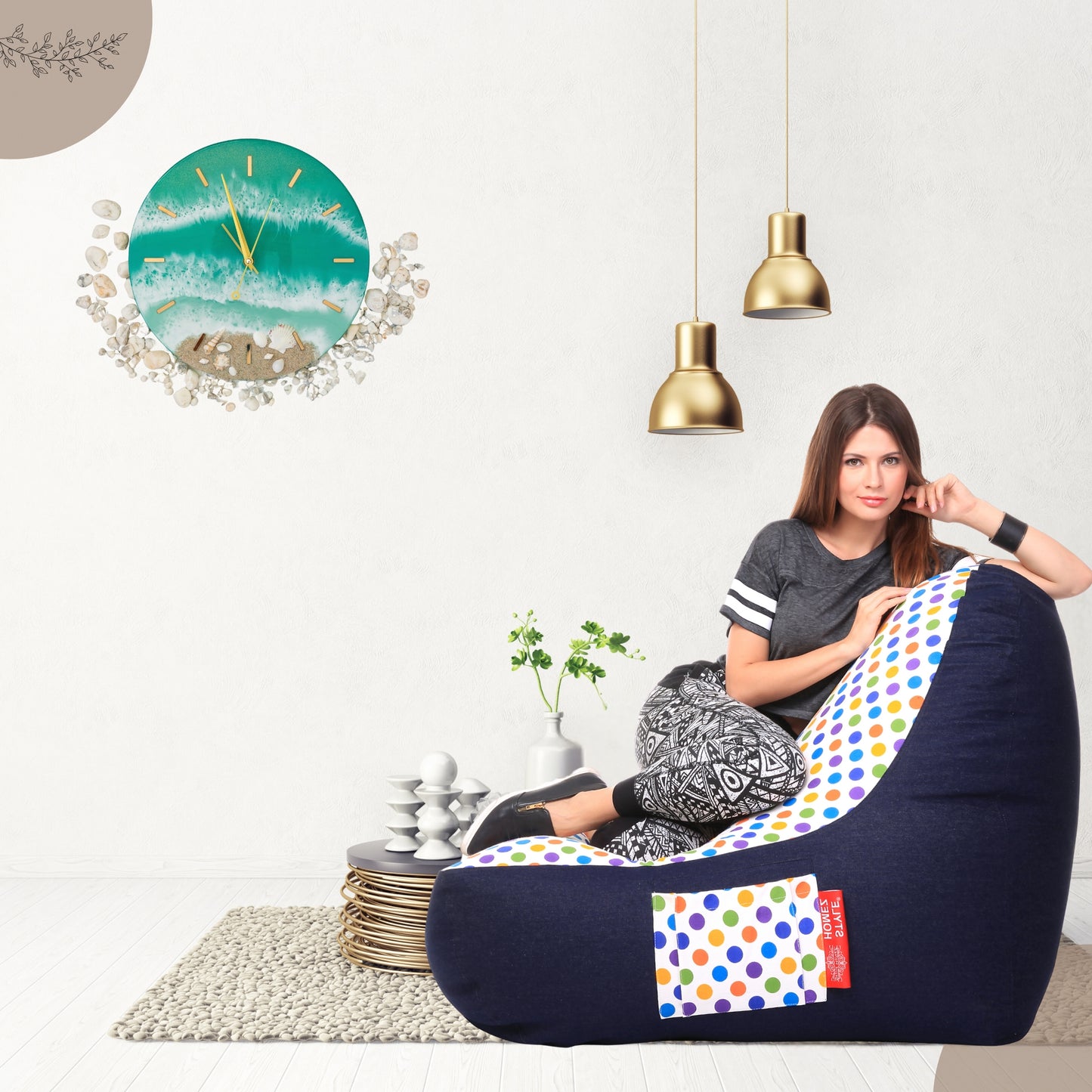 Style Homez Urban Design Denim Canvas Polka Dots Printed Chair Bean Bag XXL Size Filled with Beans Fillers