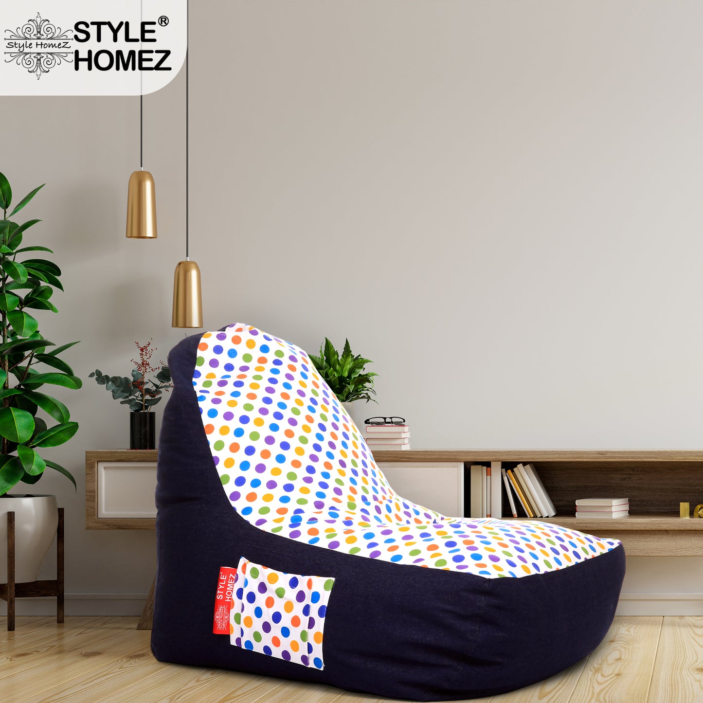 Style Homez Urban Design Denim Canvas Polka Dots Printed Chair Bean Bag XXL Size Filled with Beans Fillers