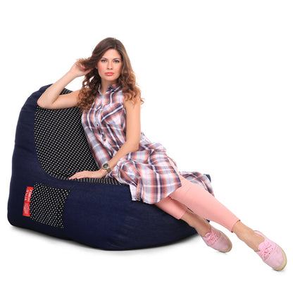 Style Homez Urban Design Denim Canvas Polka Dots Printed Chair Bean Bag XXL Size Filled with Beans Fillers