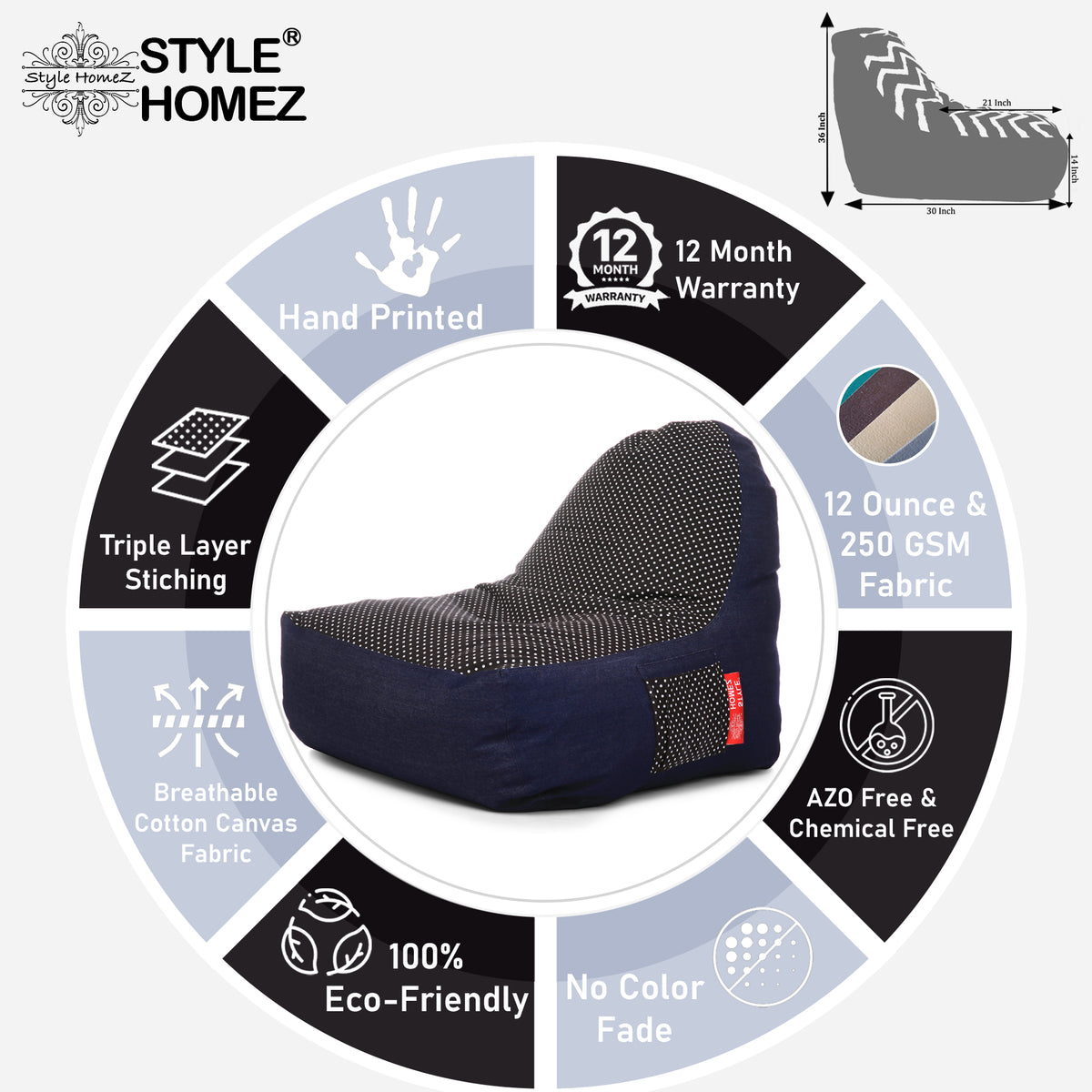 Style Homez Urban Design Denim Canvas Polka Dots Printed Chair Bean Bag XXL Size Cover Only