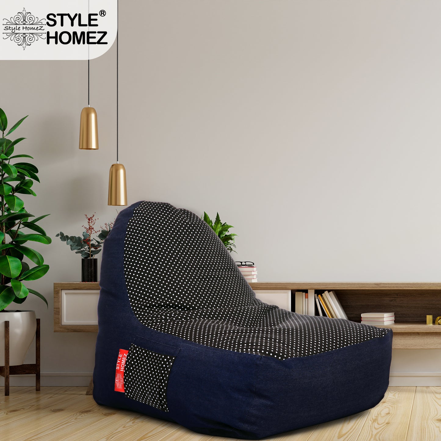 Style Homez Urban Design Denim Canvas Polka Dots Printed Chair Bean Bag XXL Size Filled with Beans Fillers
