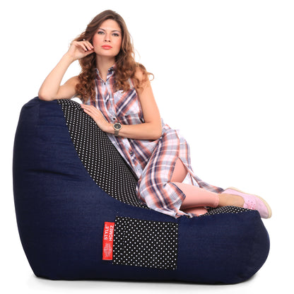 Style Homez Urban Design Denim Canvas Polka Dots Printed Chair Bean Bag XXL Size Filled with Beans Fillers