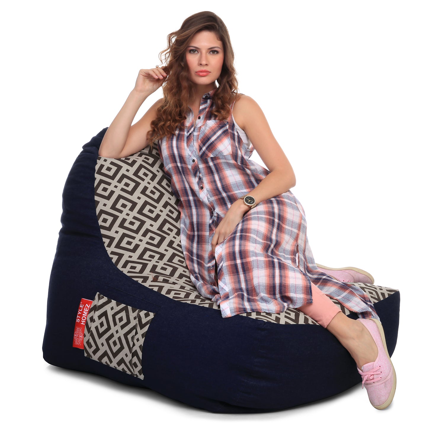 Style Homez Urban Design Denim Canvas Geometric Printed Chair Bean Bag XXL Size Filled with Beans Fillers