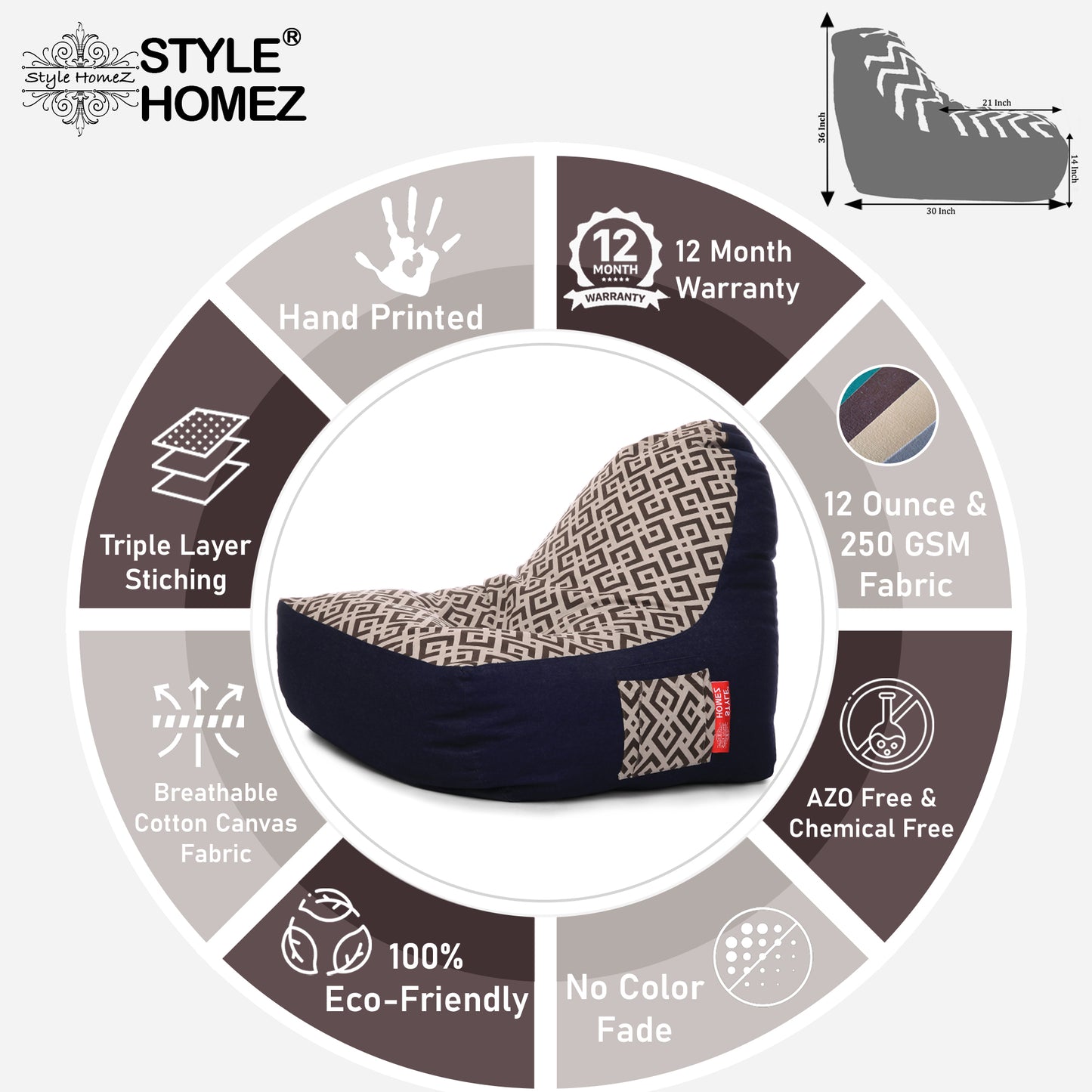 Style Homez Urban Design Denim Canvas Geometric Printed Chair Bean Bag XXL Size Filled with Beans Fillers