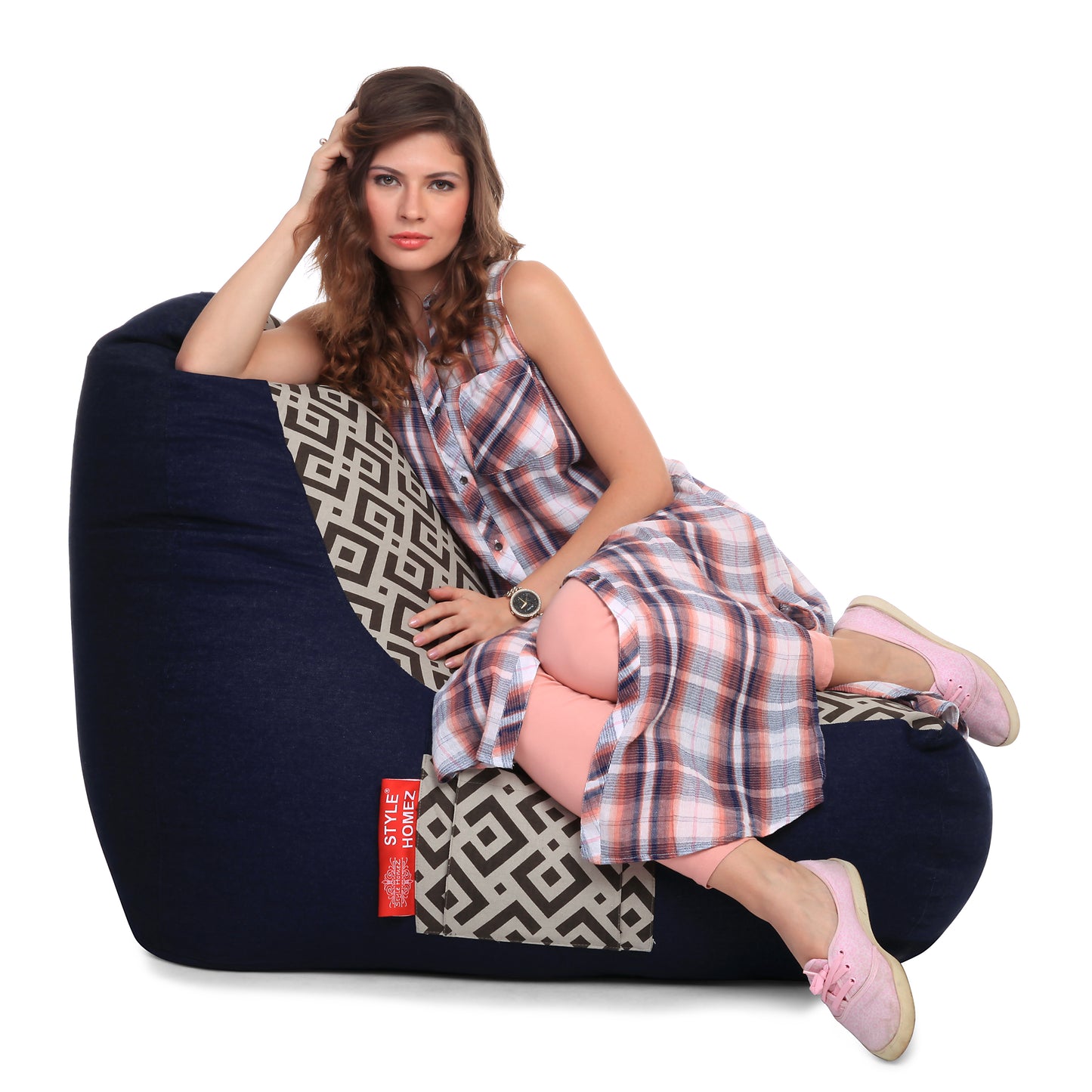 Style Homez Urban Design Denim Canvas Geometric Printed Chair Bean Bag XXL Size Filled with Beans Fillers