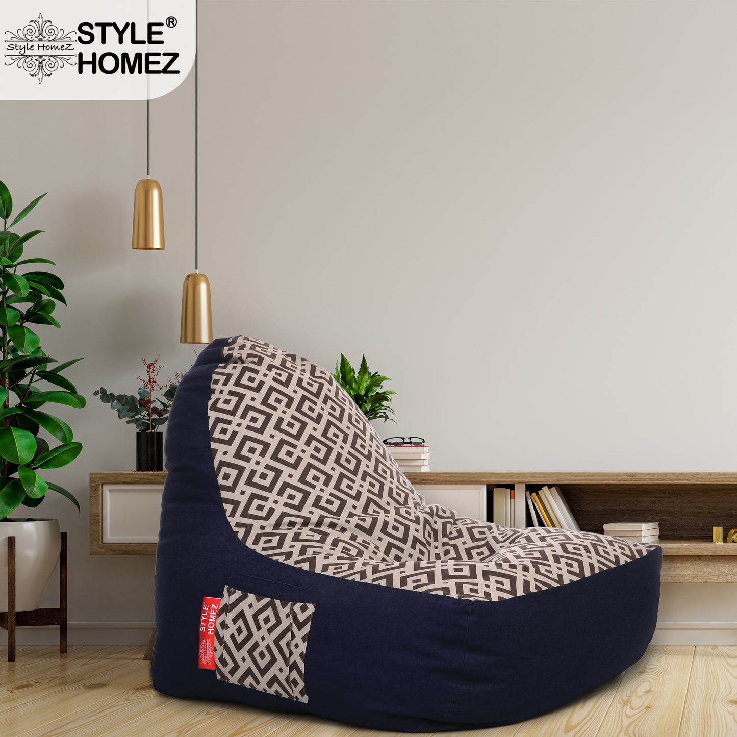 Style Homez Urban Design Denim Canvas Geometric Printed Chair Bean Bag XXL Size Filled with Beans Fillers
