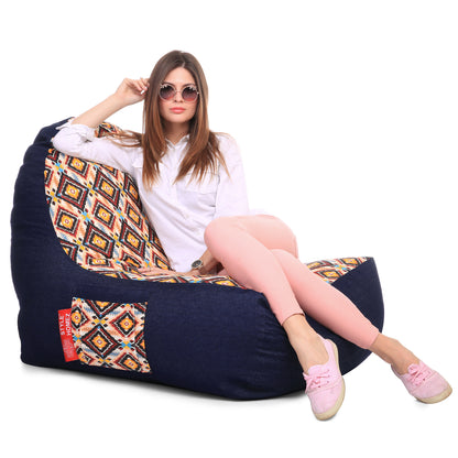 Style Homez Urban Design Denim Canvas Geometric Printed Chair Bean Bag XXL Size Filled with Beans Fillers