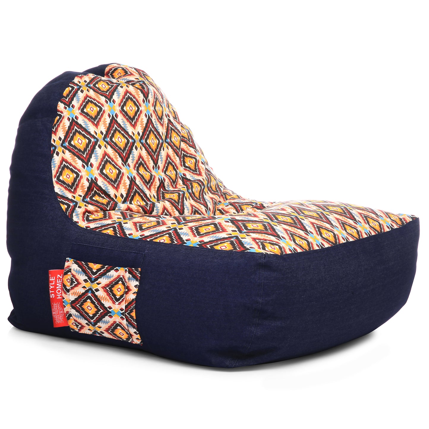 Style Homez Urban Design Denim Canvas Geometric Printed Chair Bean Bag XXL Size Filled with Beans Fillers