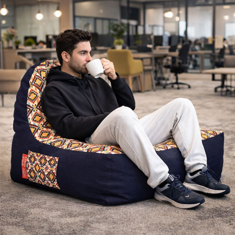 Style Homez Urban Design Denim Canvas Geometric Printed Chair Bean Bag XXL Size Filled with Beans Fillers