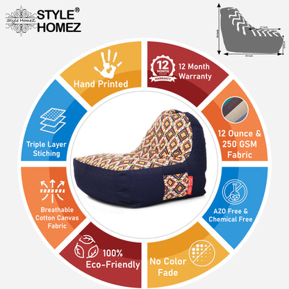 Style Homez Urban Design Denim Canvas Geometric Printed Chair Bean Bag XXL Size Filled with Beans Fillers