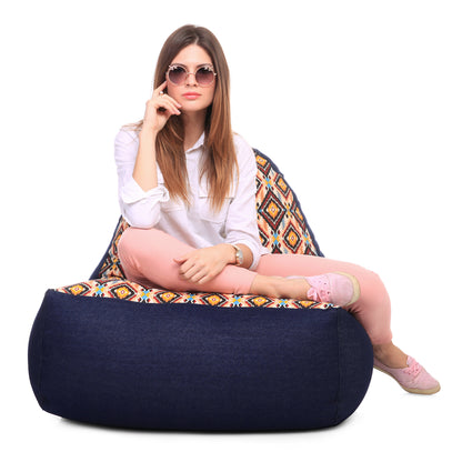 Style Homez Urban Design Denim Canvas Geometric Printed Chair Bean Bag XXL Size Filled with Beans Fillers
