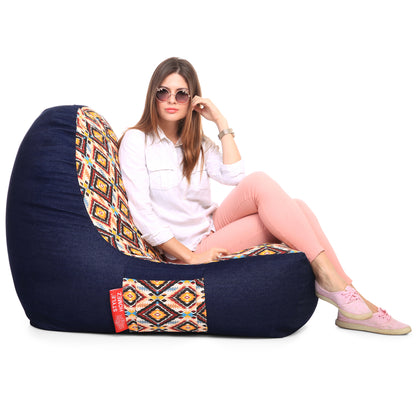 Style Homez Urban Design Denim Canvas Geometric Printed Chair Bean Bag XXL Size Filled with Beans Fillers