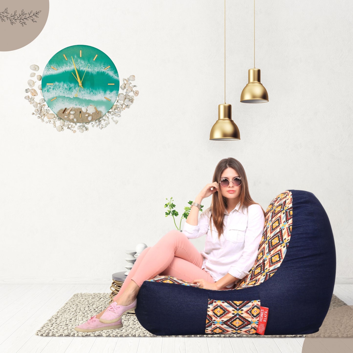 Style Homez Urban Design Denim Canvas Geometric Printed Chair Bean Bag XXL Size Filled with Beans Fillers