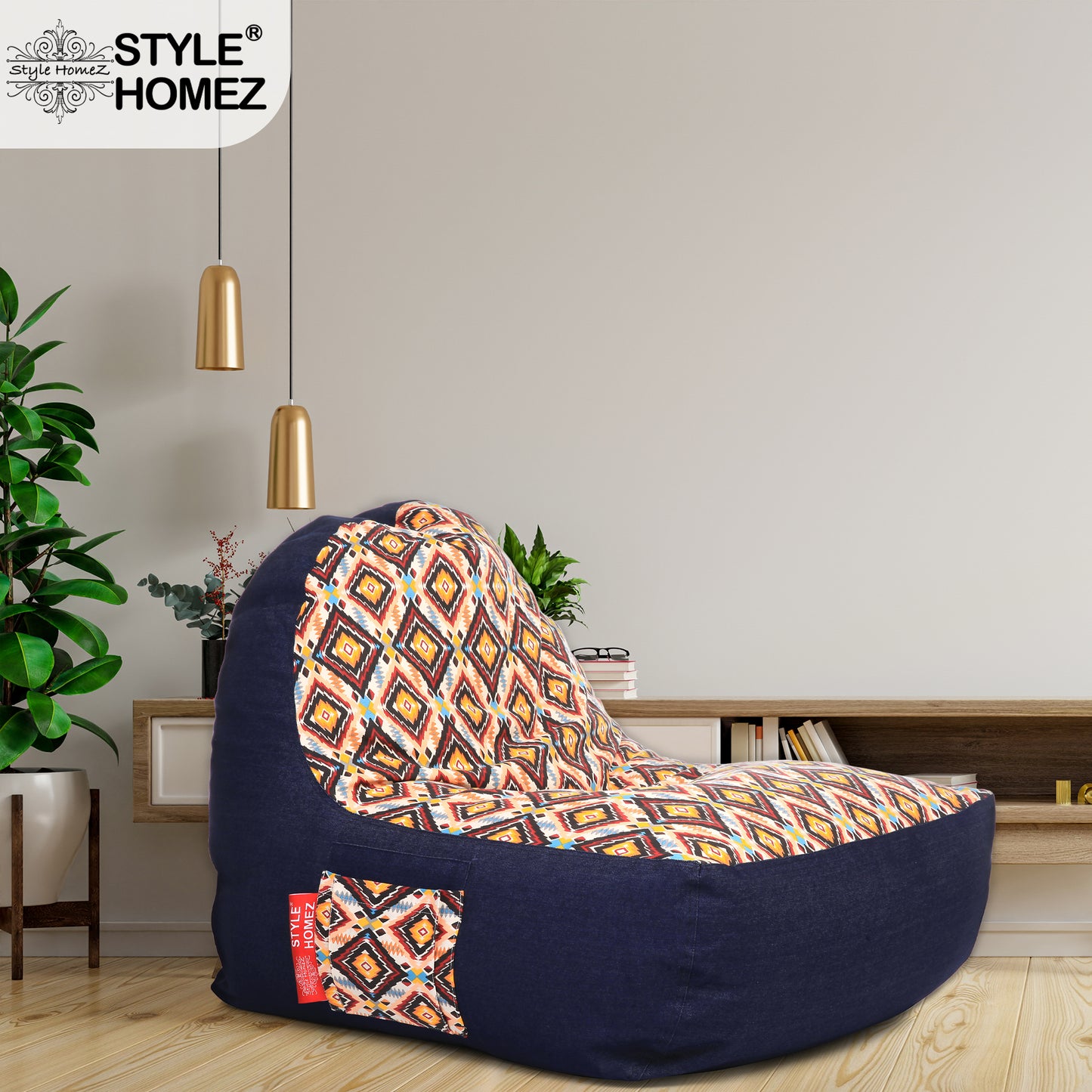 Style Homez Urban Design Denim Canvas Geometric Printed Chair Bean Bag XXL Size Filled with Beans Fillers