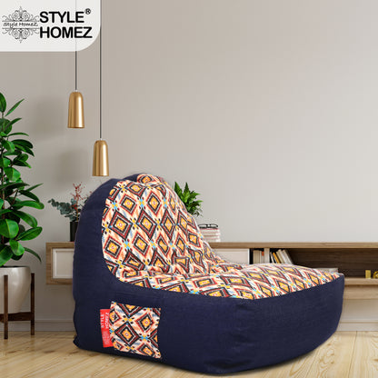 Style Homez Urban Design Denim Canvas Geometric Printed Chair Bean Bag XXL Size Filled with Beans Fillers