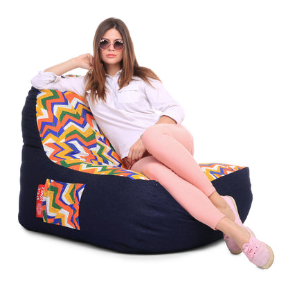 Style Homez Urban Design Denim Canvas Geometric Printed Chair Bean Bag XXL Size Cover Only