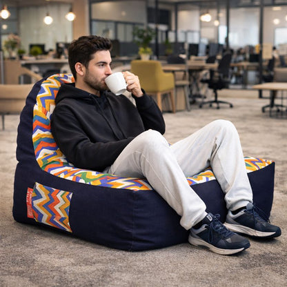 Style Homez Urban Design Denim Canvas Geometric Printed Chair Bean Bag XXL Size Filled with Beans Fillers