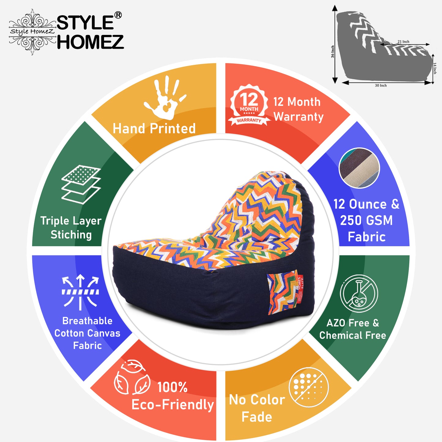 Style Homez Urban Design Denim Canvas Geometric Printed Chair Bean Bag XXL Size Filled with Beans Fillers
