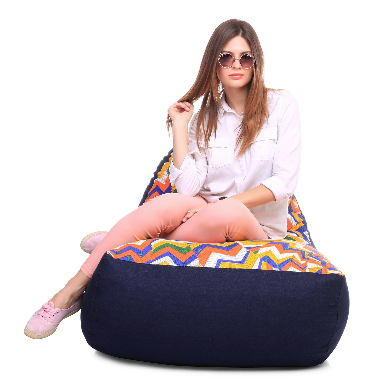 Style Homez Urban Design Denim Canvas Geometric Printed Chair Bean Bag XXL Size Filled with Beans Fillers