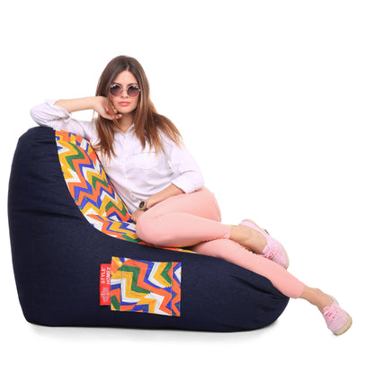 Style Homez Urban Design Denim Canvas Geometric Printed Chair Bean Bag XXL Size Filled with Beans Fillers