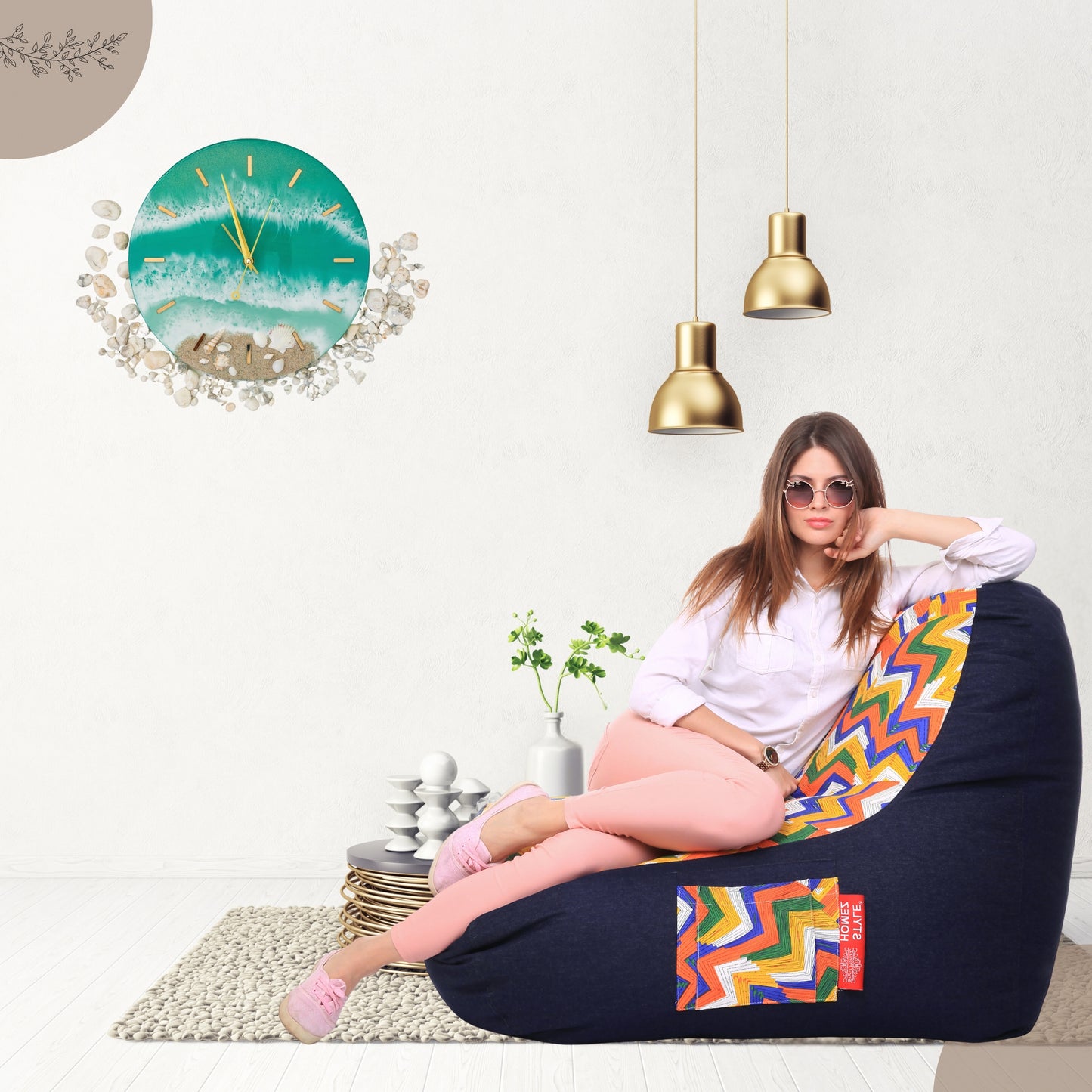 Style Homez Urban Design Denim Canvas Geometric Printed Chair Bean Bag XXL Size Filled with Beans Fillers