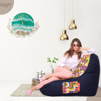 Style Homez Urban Design Denim Canvas Geometric Printed Chair Bean Bag XXL Size Filled with Beans Fillers