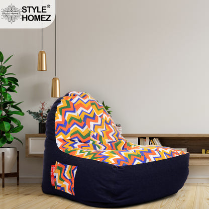 Style Homez Urban Design Denim Canvas Geometric Printed Chair Bean Bag XXL Size Filled with Beans Fillers