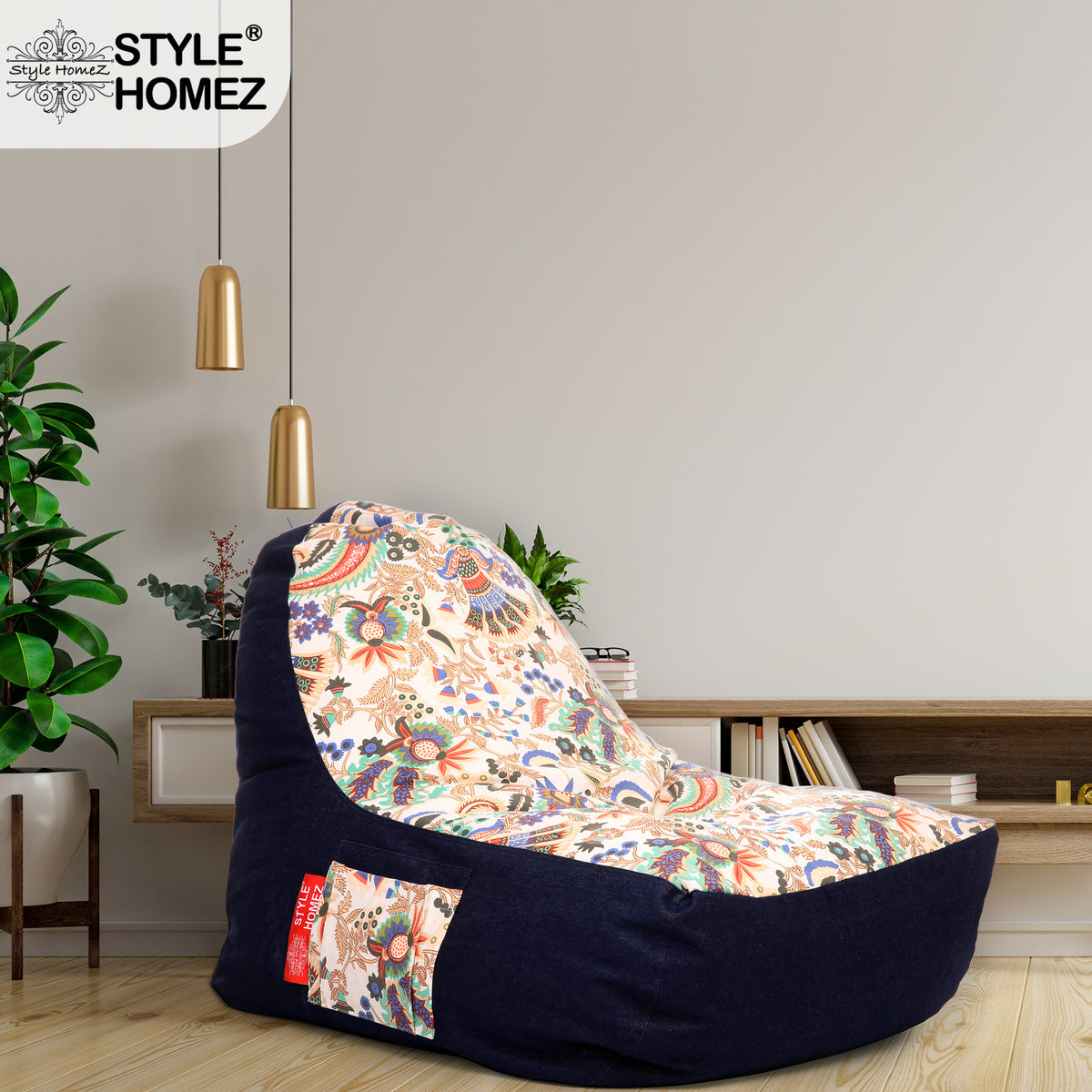 Style Homez Urban Design Denim Canvas Floral Printed Chair Bean Bag XXL Size Cover Only