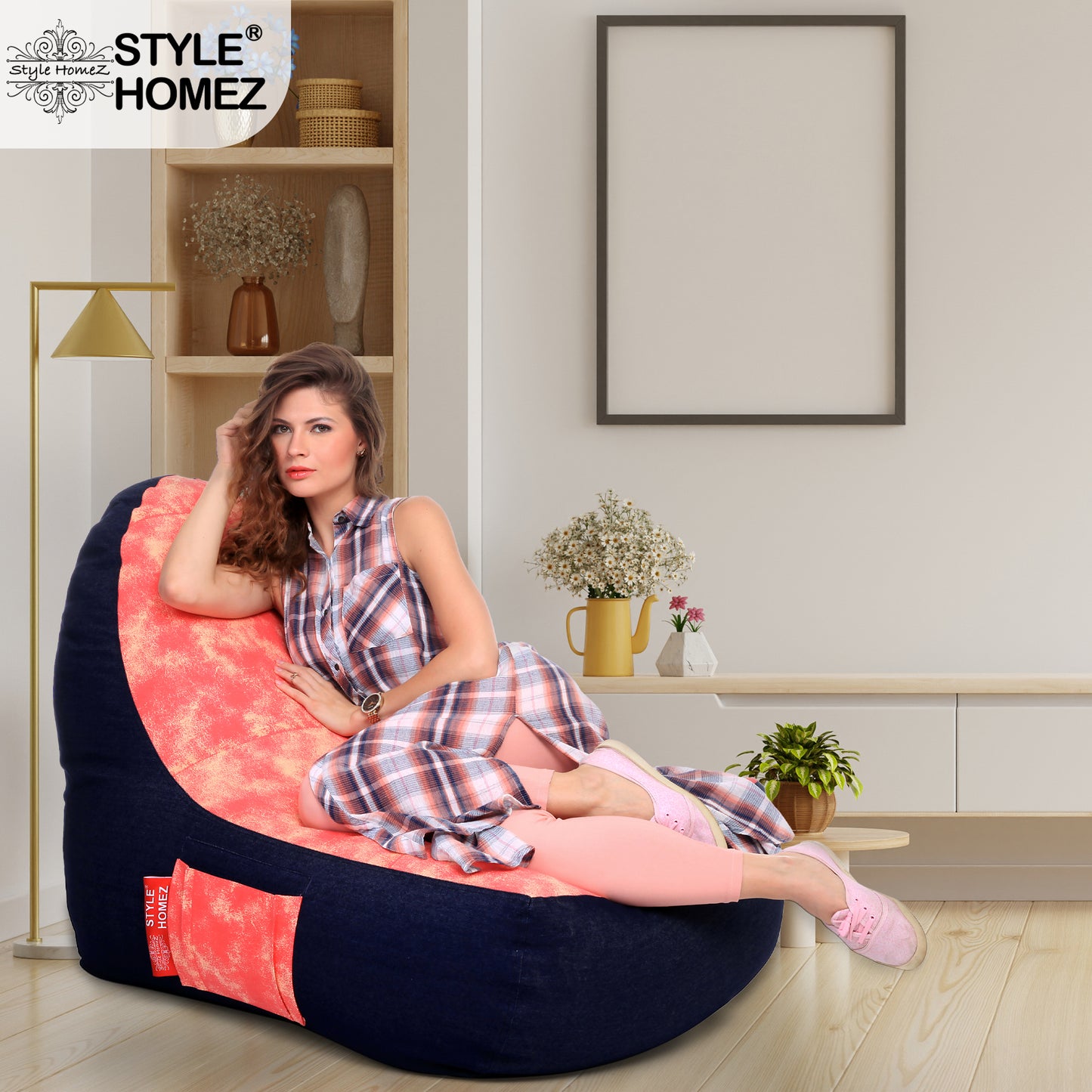 Style Homez Urban Design Denim Canvas Abstract Printed Chair Bean Bag XXL Size Filled with Beans Fillers