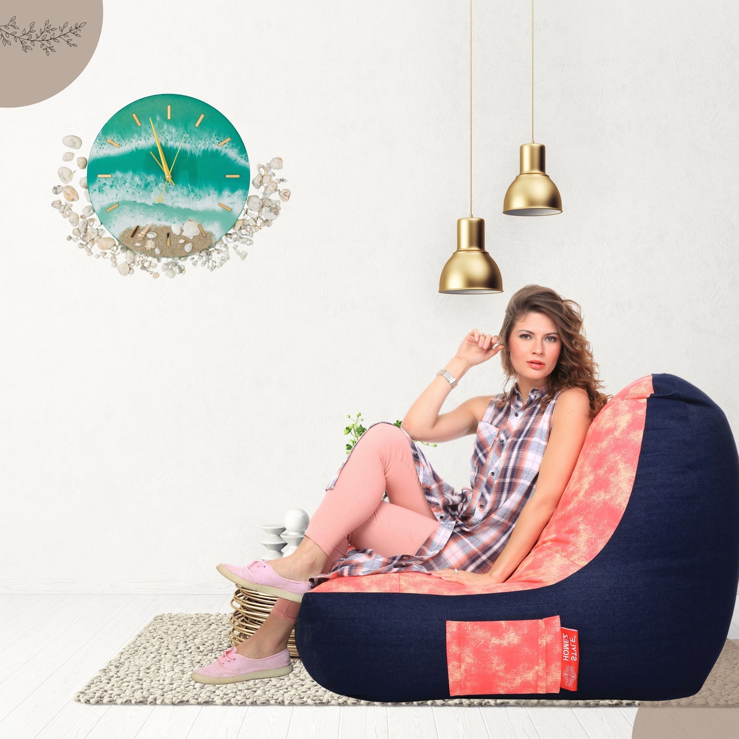Style Homez Urban Design Denim Canvas Abstract Printed Chair Bean Bag XXL Size Filled with Beans Fillers