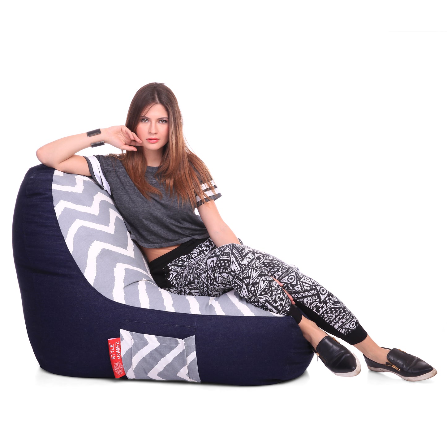 Style Homez Urban Design Denim Canvas Stripes Printed Chair Bean Bag XXL Size Filled with Beans Fillers