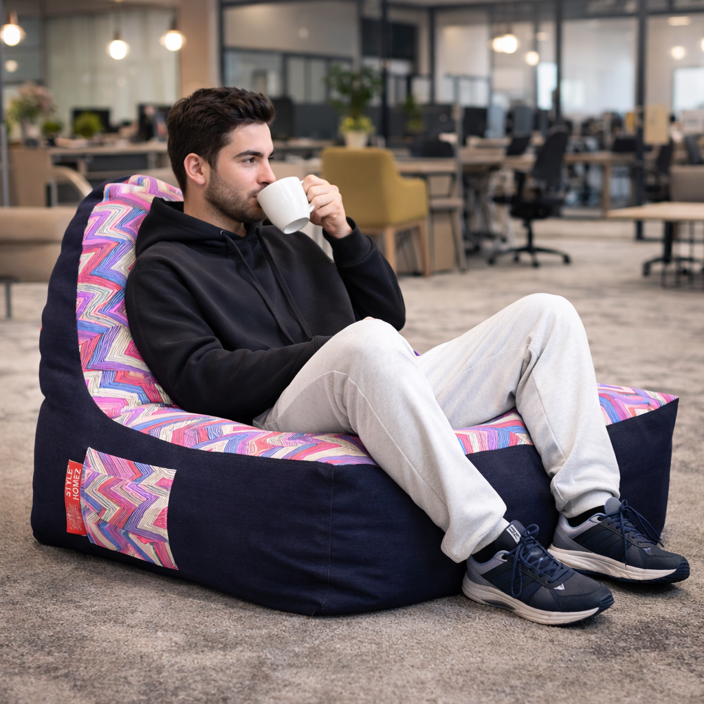 Style Homez Urban Design Denim Canvas Geometric Printed Chair Bean Bag XXL Size Filled with Beans Fillers