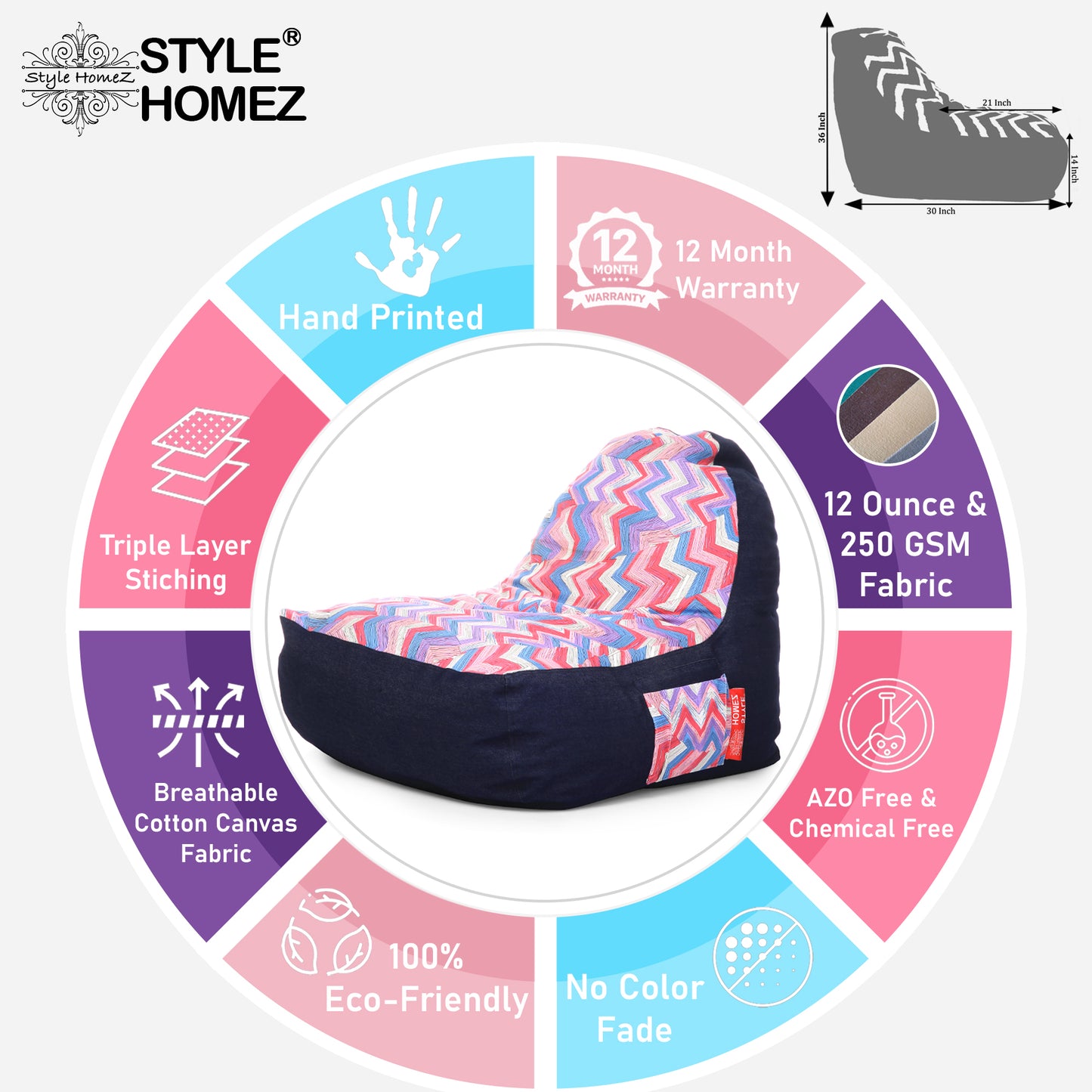 Style Homez Urban Design Denim Canvas Geometric Printed Chair Bean Bag XXL Size Filled with Beans Fillers