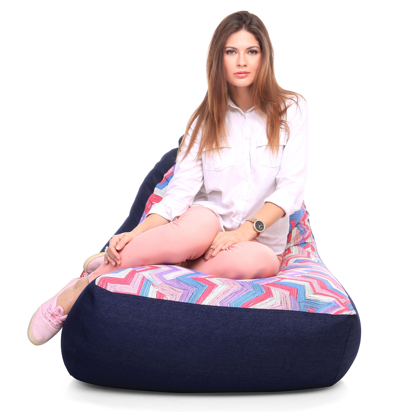 Style Homez Urban Design Denim Canvas Geometric Printed Chair Bean Bag XXL Size Filled with Beans Fillers