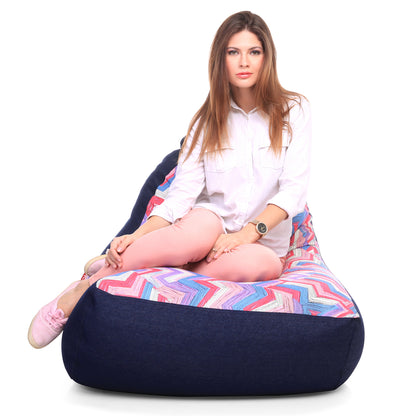 Style Homez Urban Design Denim Canvas Geometric Printed Chair Bean Bag XXL Size Filled with Beans Fillers
