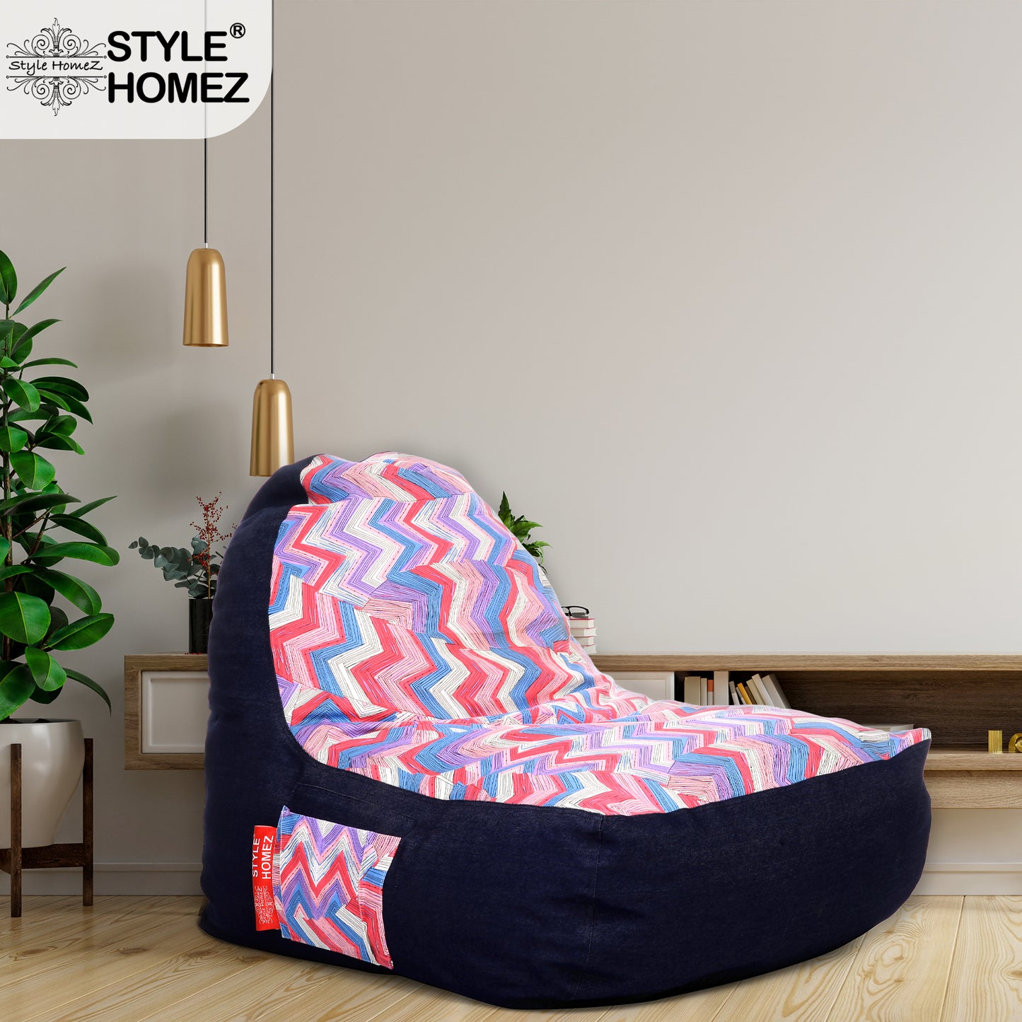 Style Homez Urban Design Denim Canvas Geometric Printed Chair Bean Bag XXL Size Filled with Beans Fillers