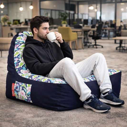 Style Homez Urban Design Denim Canvas Floral Printed Chair Bean Bag XXL Size Filled with Beans Fillers