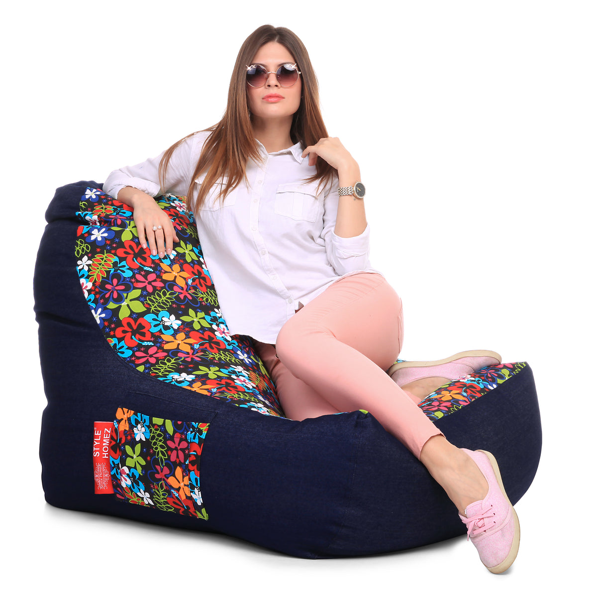 Style Homez Urban Design Denim Canvas Floral Printed Chair Bean Bag XXL Size Cover Only