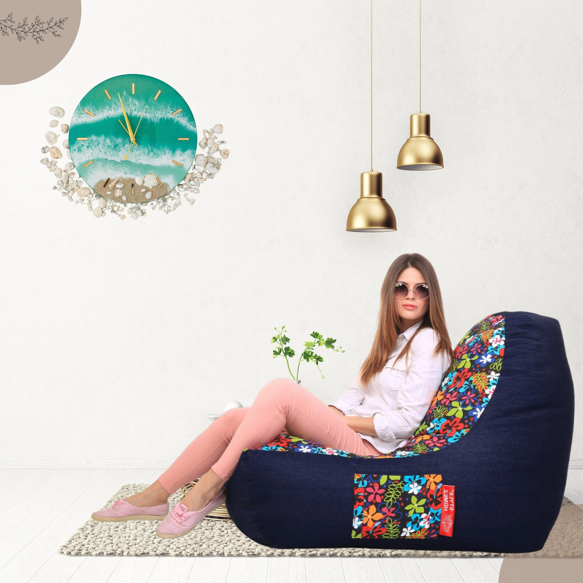 Style Homez Urban Design Denim Canvas Floral Printed Chair Bean Bag XXL Size Cover Only