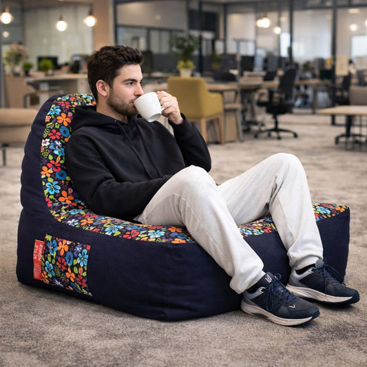 Style Homez Urban Design Denim Canvas Floral Printed Chair Bean Bag XXL Size Filled with Beans Fillers