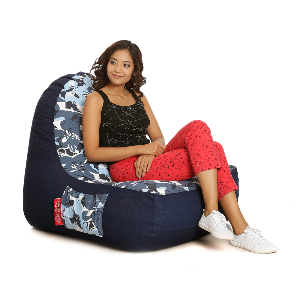Style Homez Urban Design Denim Canvas Floral Printed Chair Bean Bag XXL Size Cover Only
