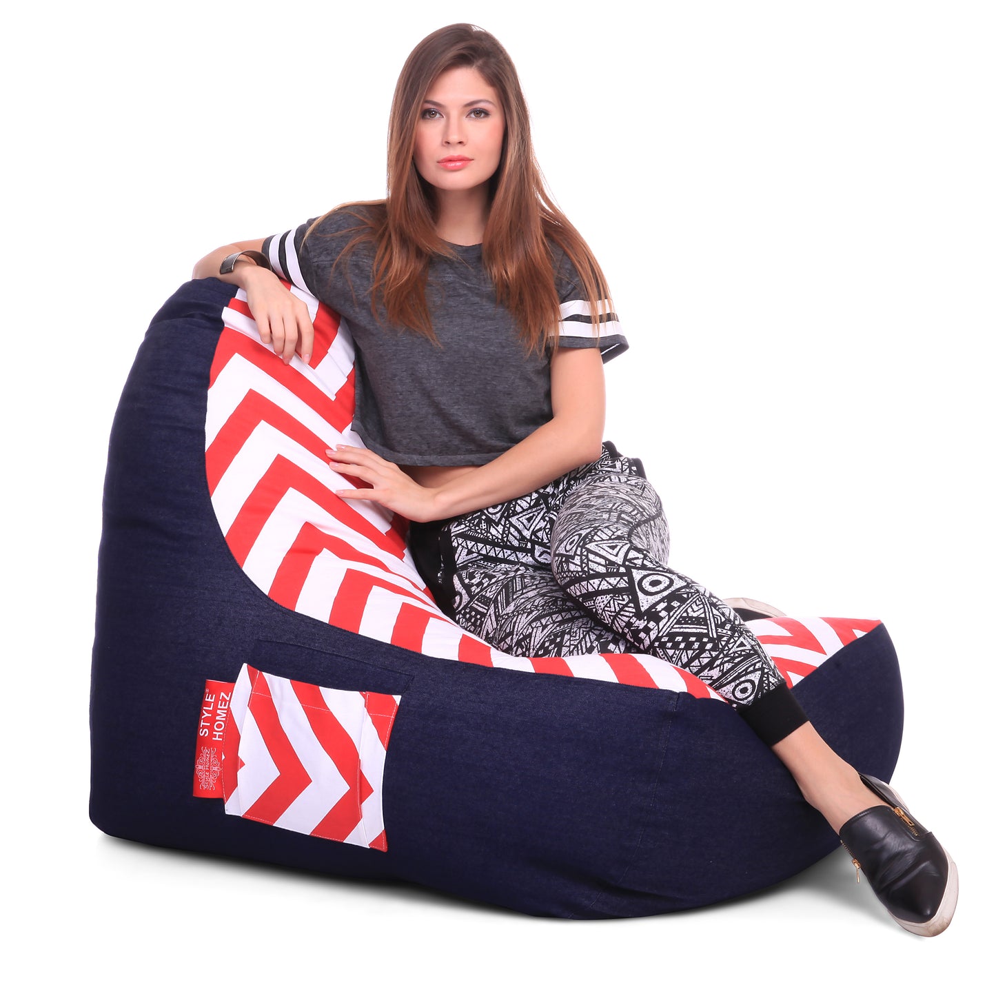 Style Homez Urban Design Denim Canvas Stripes Printed Chair Bean Bag XXL Size Filled with Beans Fillers