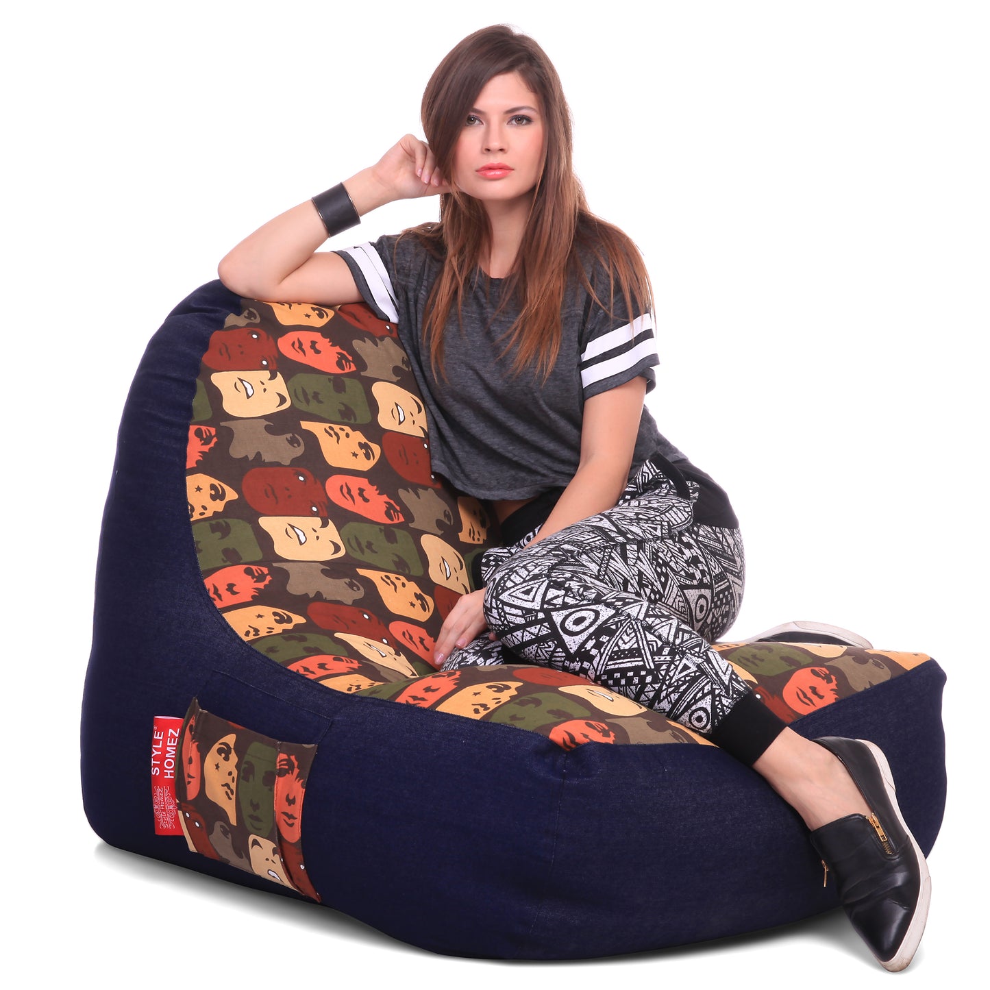 Style Homez Urban Design Denim Canvas Abstract Printed Chair Bean Bag XXL Size Filled with Beans Fillers