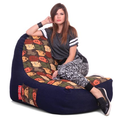 Style Homez Urban Design Denim Canvas Abstract Printed Chair Bean Bag XXL Size Filled with Beans Fillers