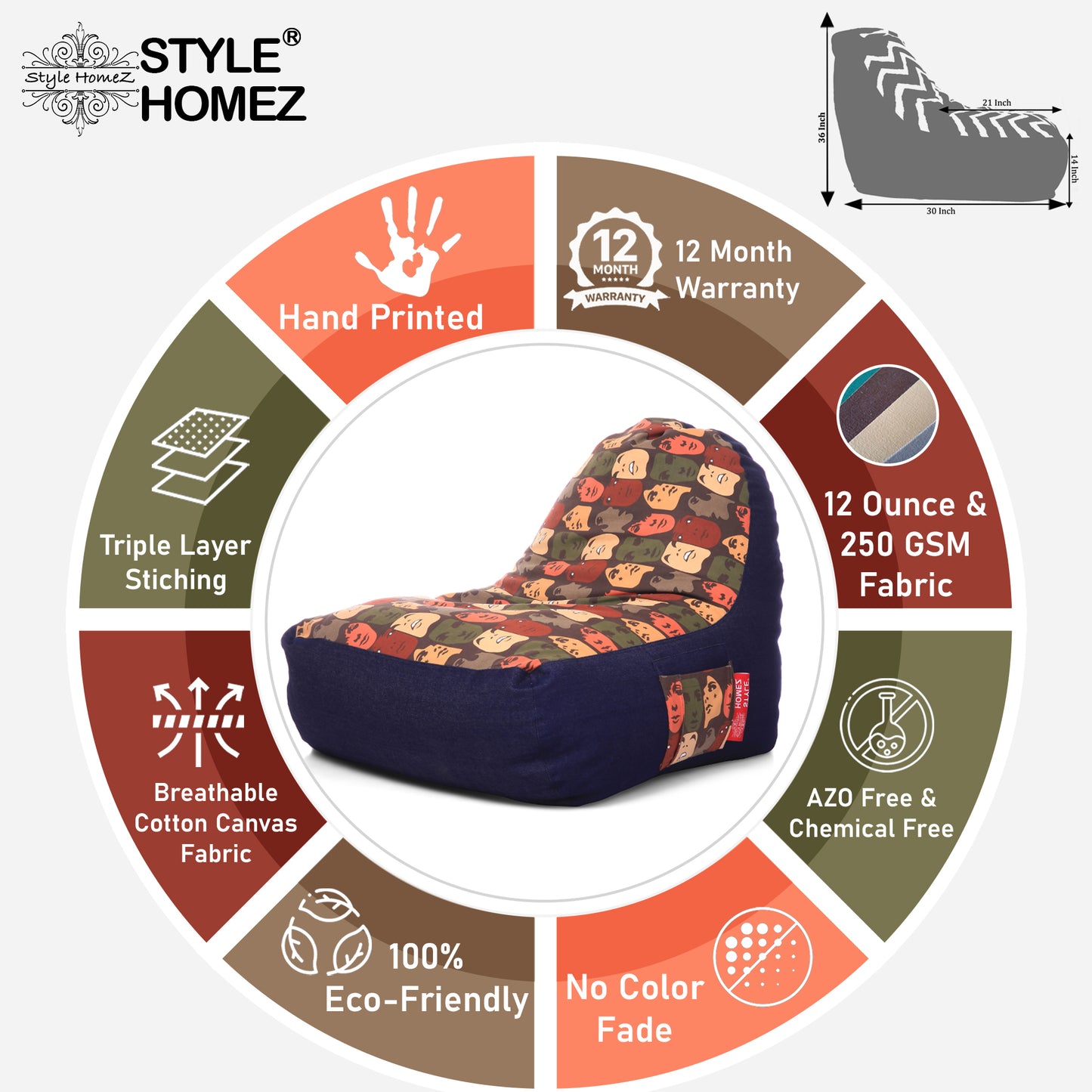 Style Homez Urban Design Denim Canvas Abstract Printed Chair Bean Bag XXL Size Filled with Beans Fillers