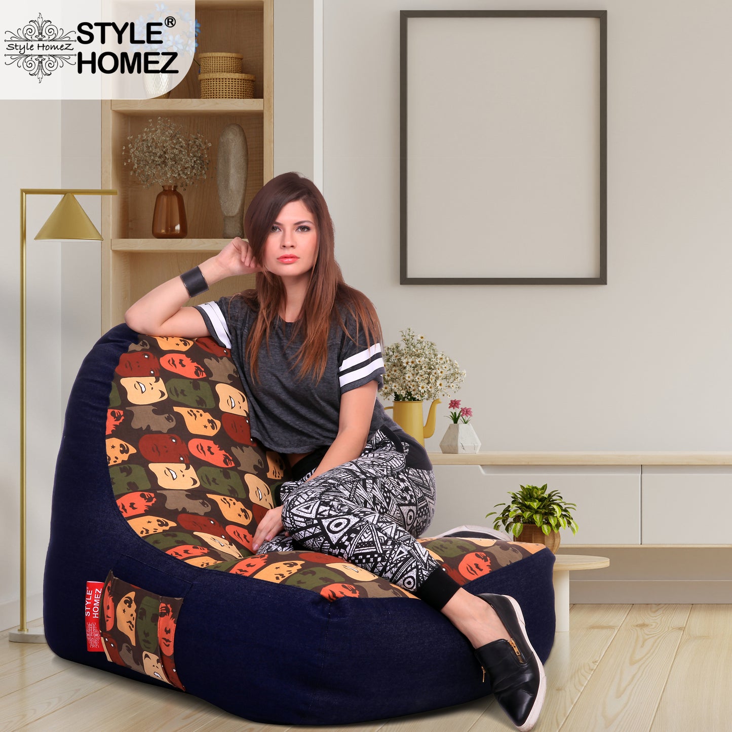 Style Homez Urban Design Denim Canvas Abstract Printed Chair Bean Bag XXL Size Filled with Beans Fillers